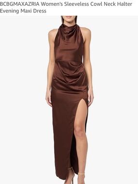 BCBGMaxAzria Brown Satin Halter Cowl Neck Maxi Dress with Side Slit